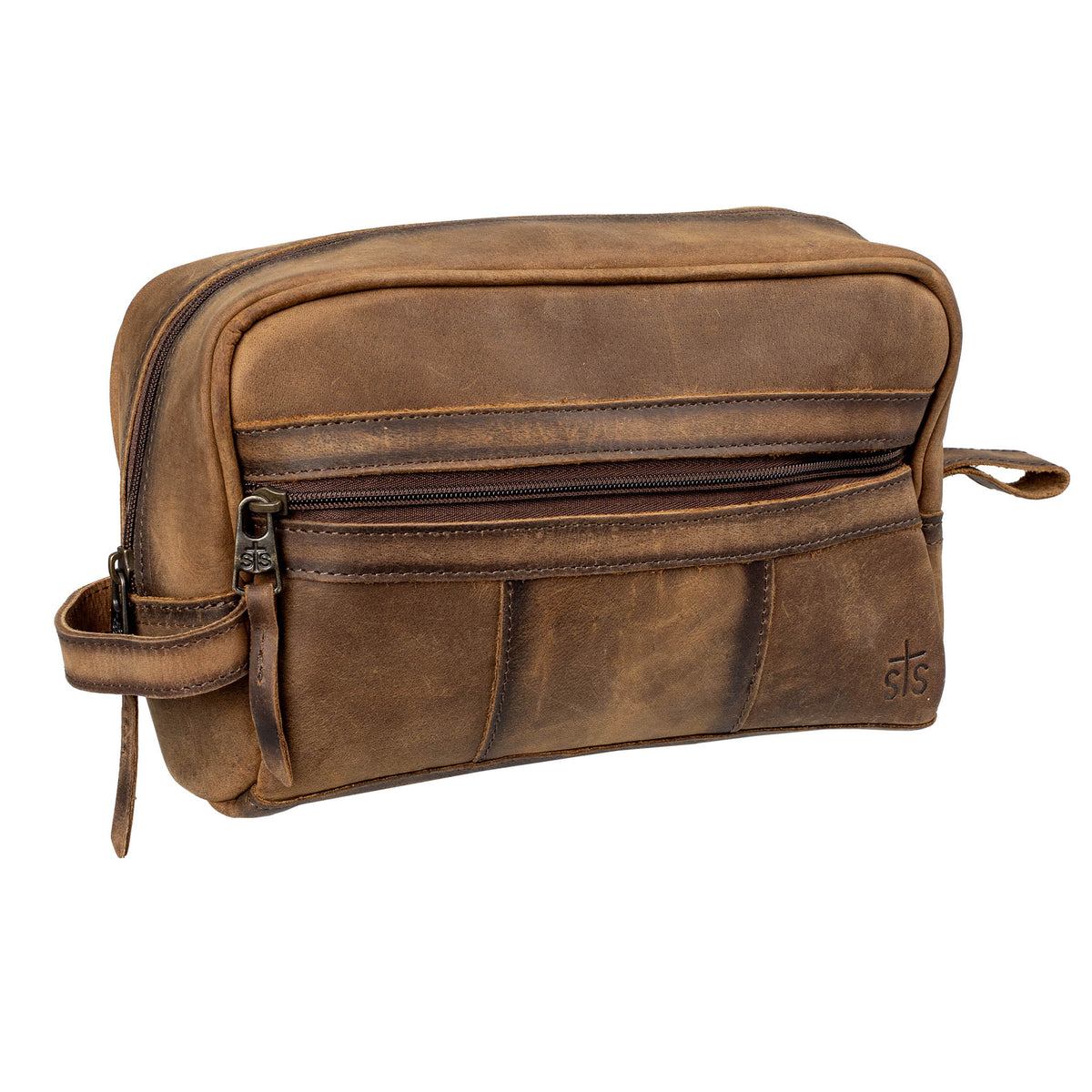 A brown leather Foreman Shave Kit bag with zip closure and the STS Ranchwear logo on the side on a white background.
