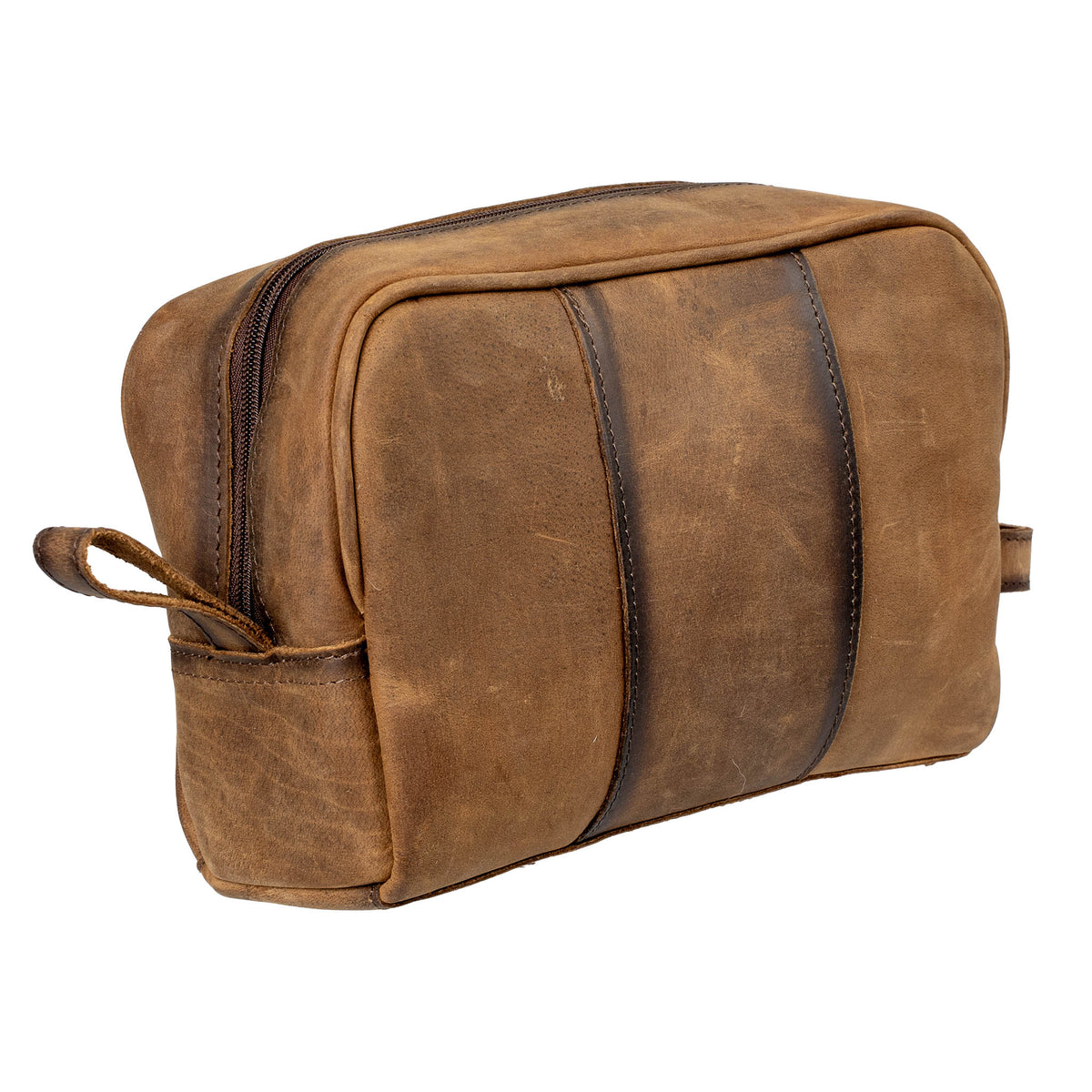 A brown leather Foreman Shave Kit bag with zip closure on a white background.