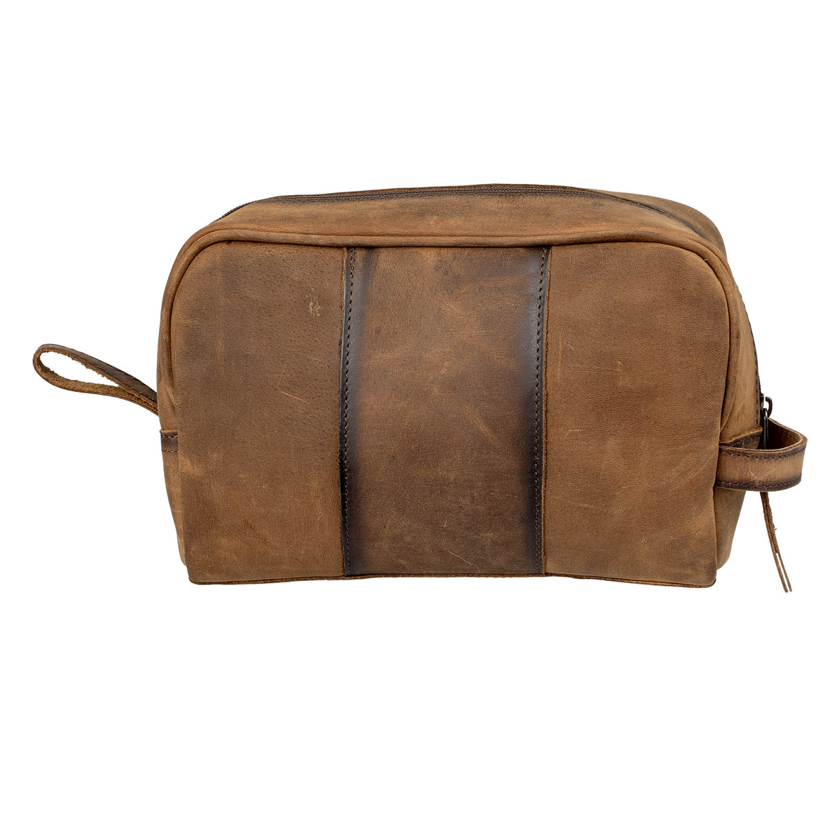 A brown leather Foreman Shave Kit bag with zip closure and leather handles on each end on a white background.