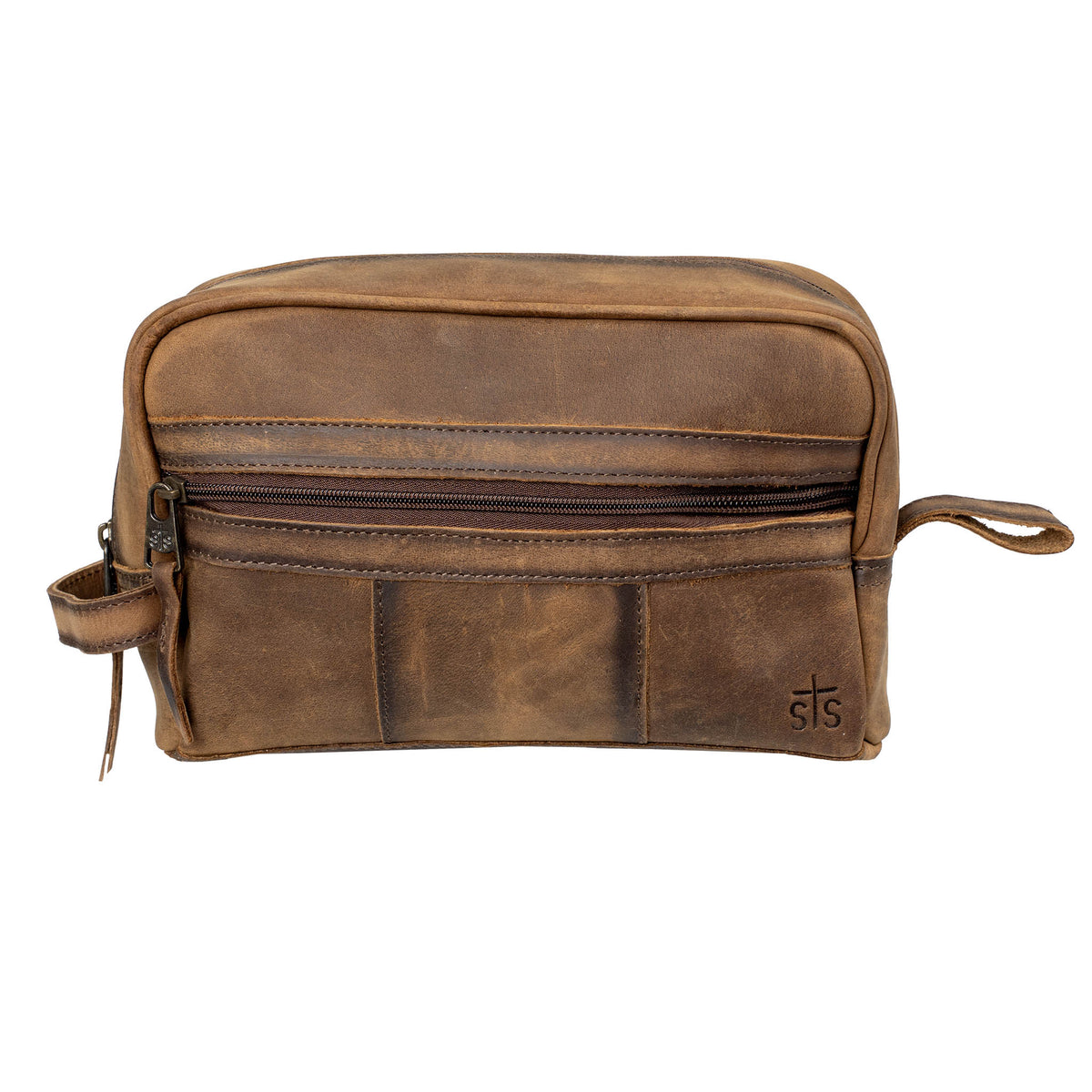 A brown leather Foreman Shave Kit bag with zip closure and the STS Ranchwear logo on the side on a white background.