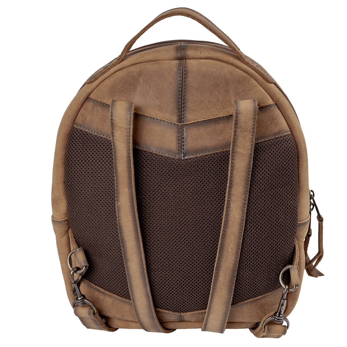 Back of a brown leather backpack with mesh back panel and adjustable leather shoulder straps on a white background.