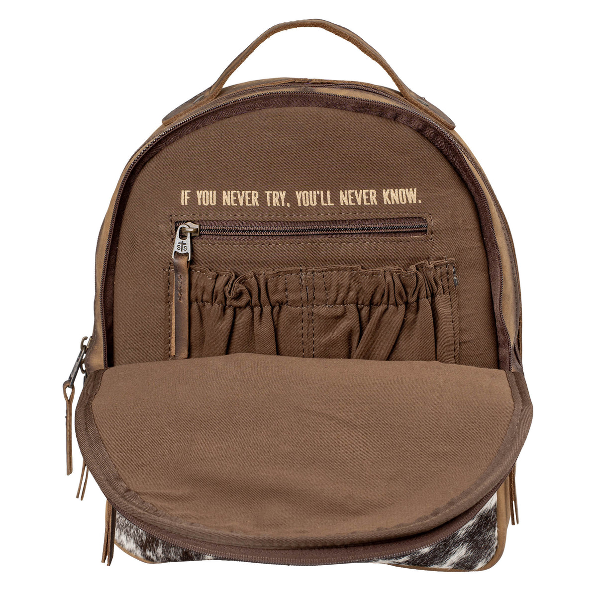 Inside of a brown backpack with motivational quote "If you never try, you'll never know.", zip closure pocket and two scrunch pockets on a white background.