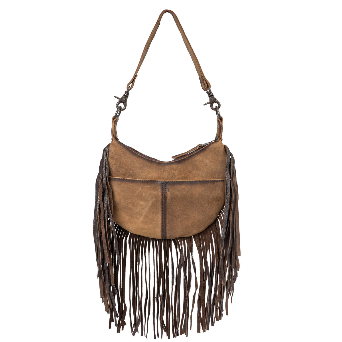 Back of a genuine leather and hair on hide cowhide shoulder bag with leather fringe, slip pockets and leather shoulder strap on a white background.