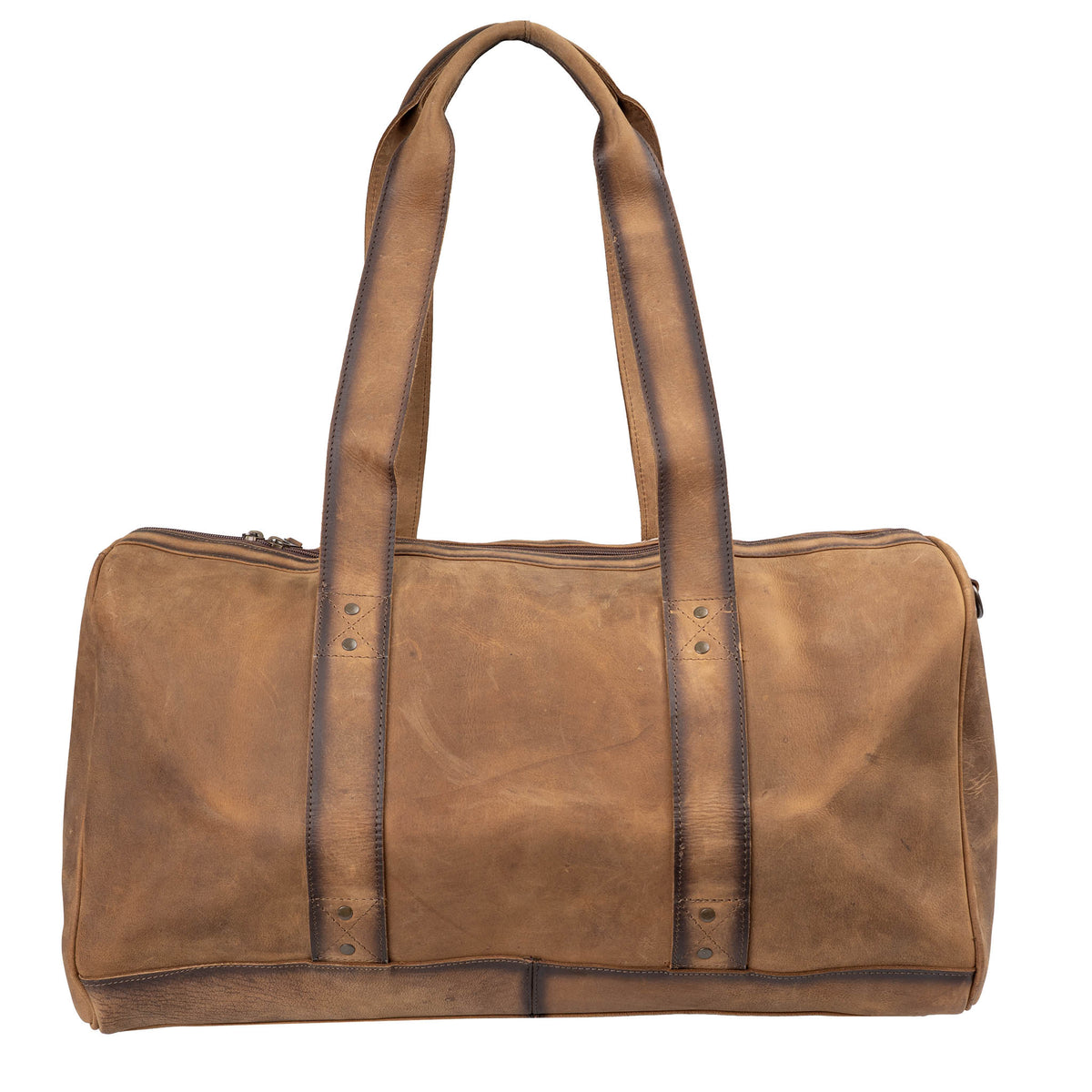Back of a duffle bag with brown genuine leather accents, leather carry handles and zip closure on a white background.