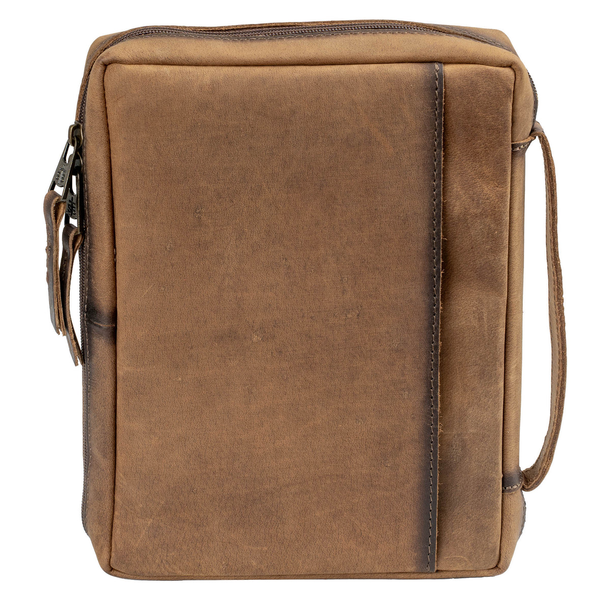 A brown leather Bible cover with a zip-around closure, a leather strap on the spine, and slip pocket on a white background.