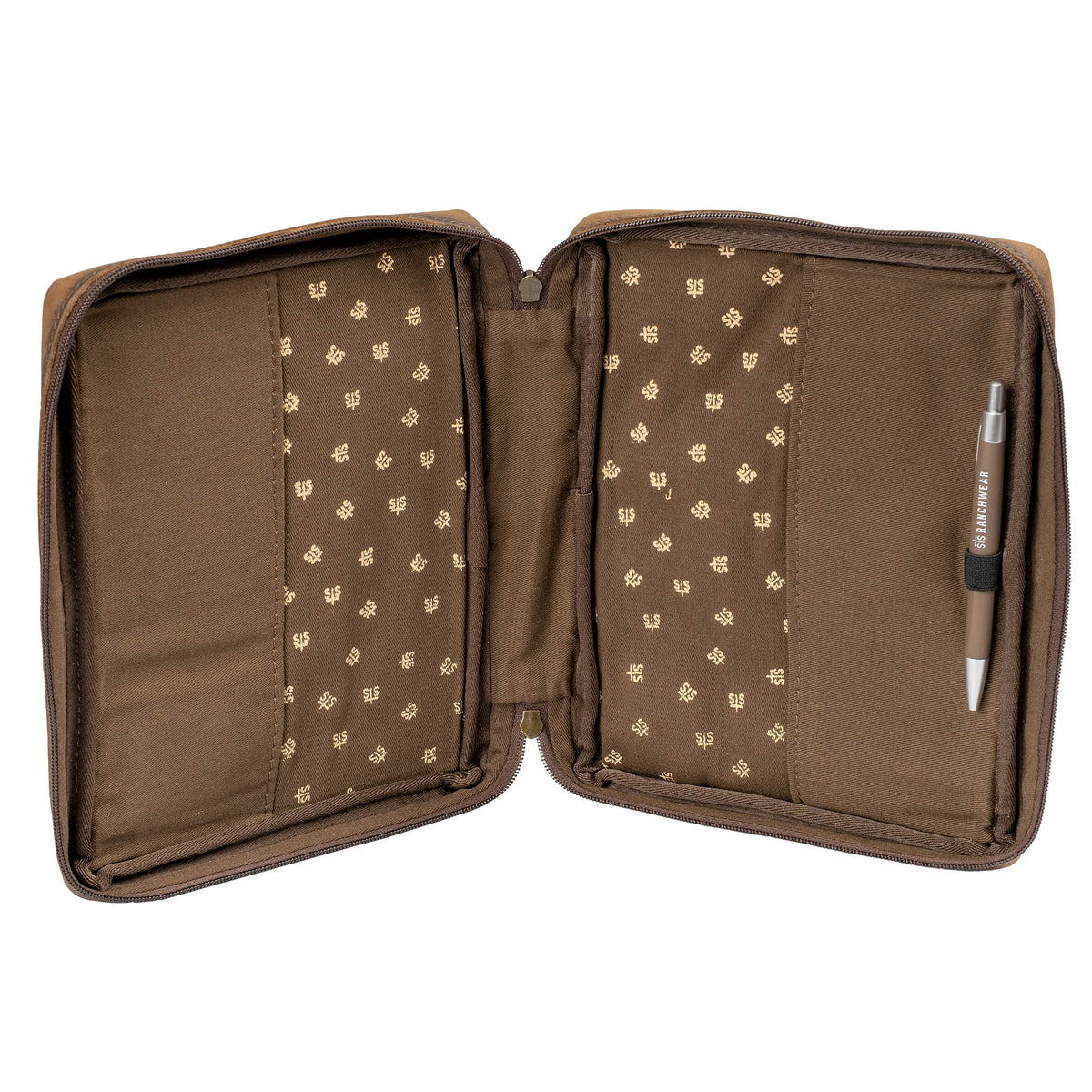 Inside of a brown leather Bible cover with a zip-around closure, pen holder and inner sleeves to hold book in place on a white background.