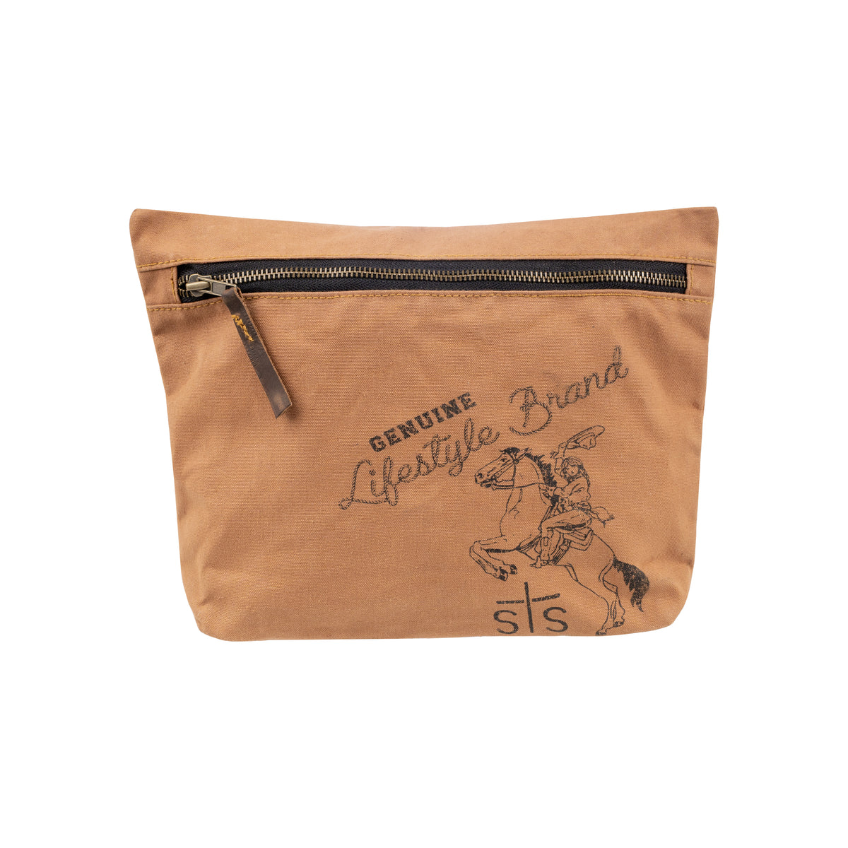 front zip closure canvas cosmetic bag with unique sts cowgirl design on white background