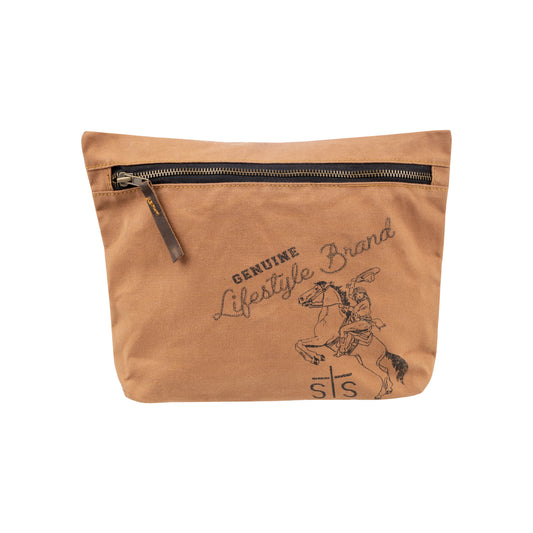front zip closure canvas cosmetic bag with unique sts cowgirl design on white background