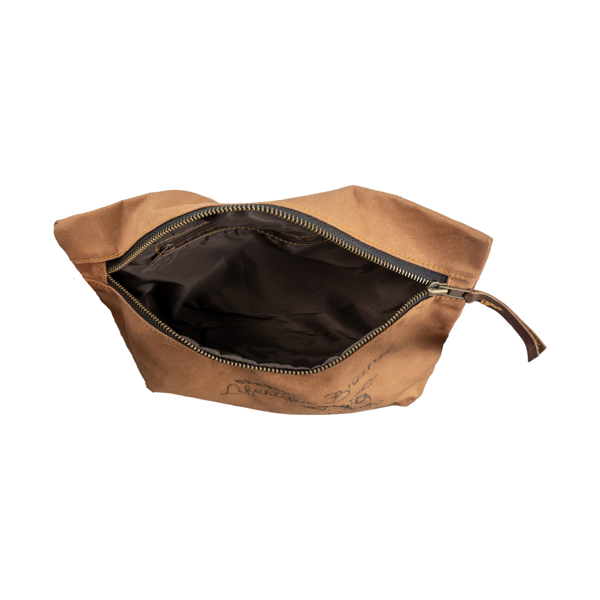 open view of our front zip closure canvas cosmetic bag with unique sts cowgirl design on white background