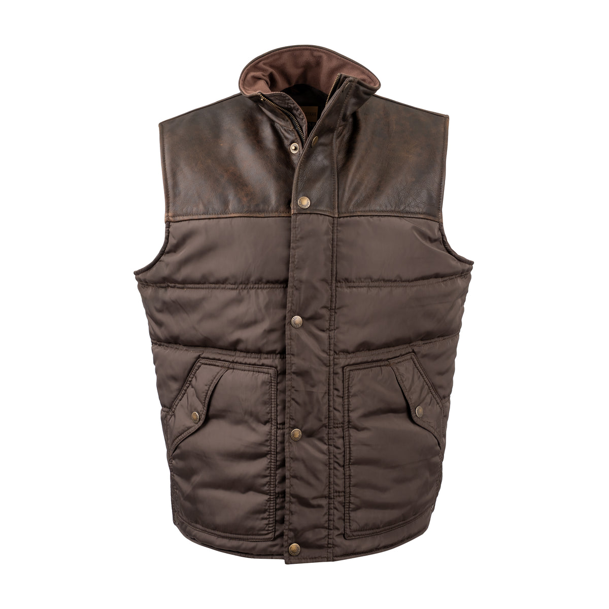 brown puffer vest with snap and zip front closure and leather detailing on white background