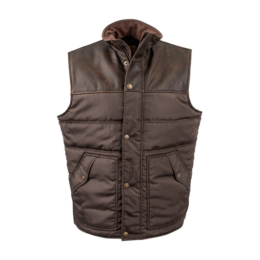 brown puffer vest with snap and zip front closure and leather detailing on white background