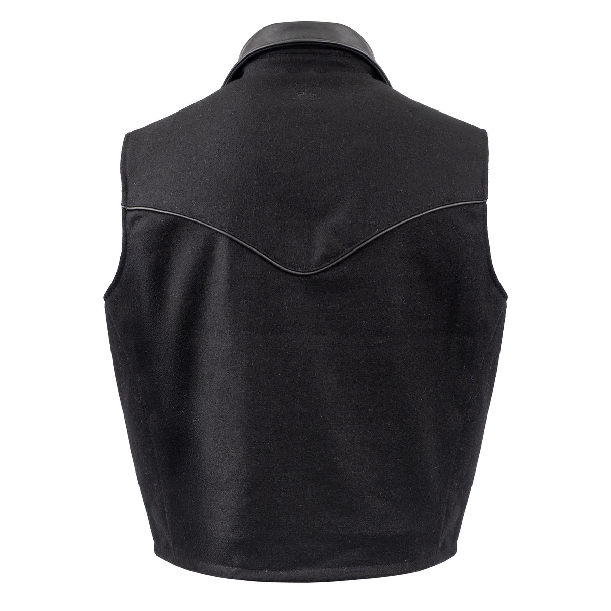 back of our black wool vest with leather collar front zip and snap closure and two waist pockets on white background