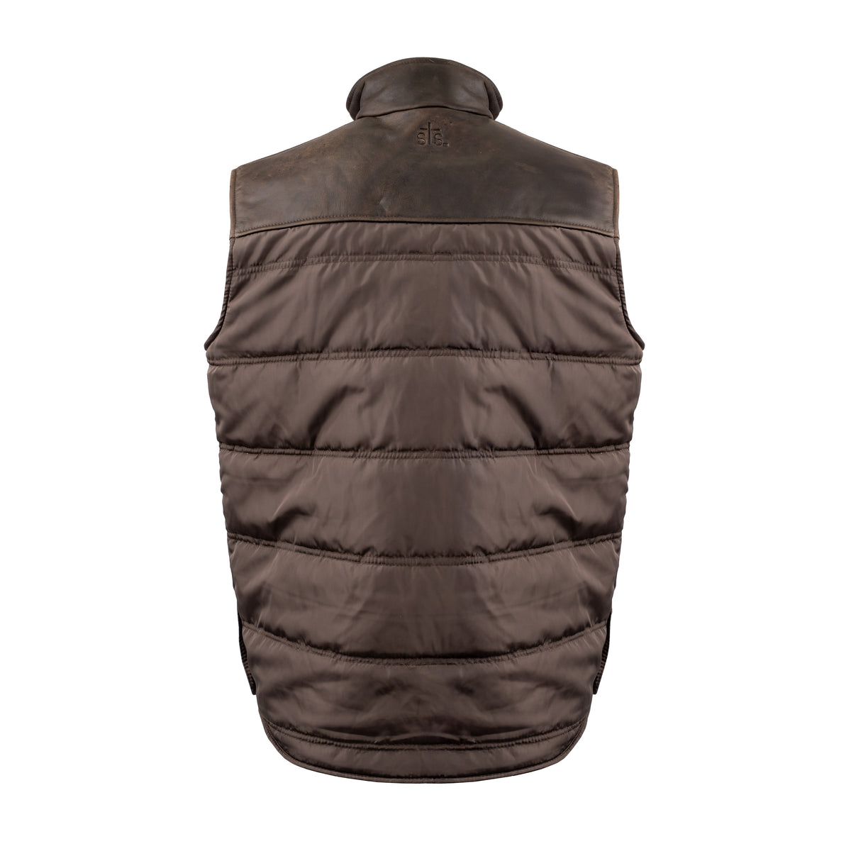 back of a brown puffer vest with STS embossed leather detailing on a white background.