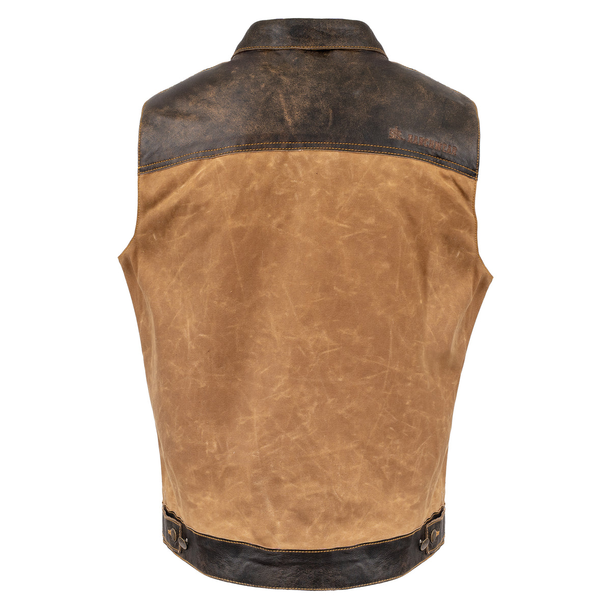 back of our snap and zip closure cotton canvas vest with full grain leather accents on white background