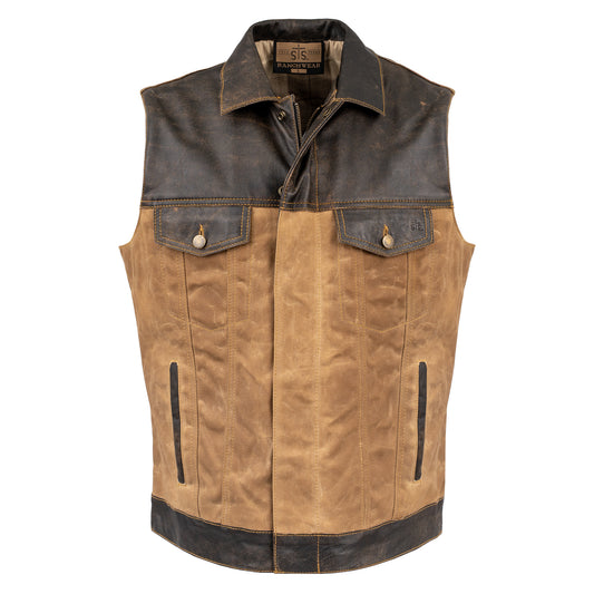snap and zip closure cotton canvas vest with full grain leather accents on white background