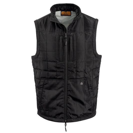 black vest with double zip closure and classic western yoke accents on white background