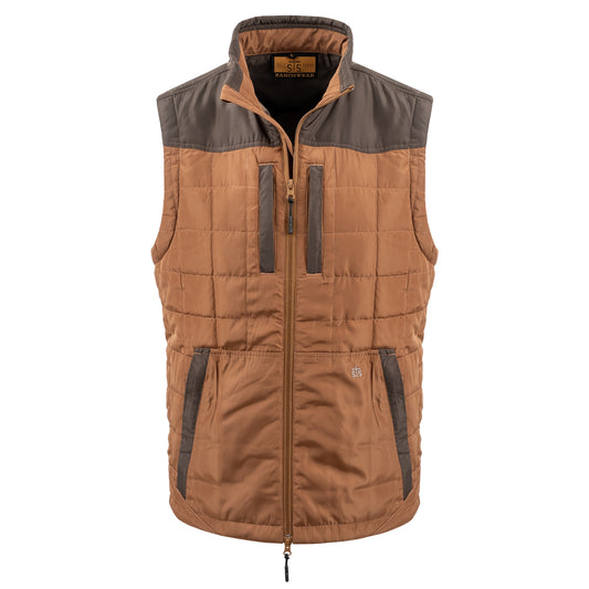 two-toned brown vest with double zip closure and classic western yoke accents on white background