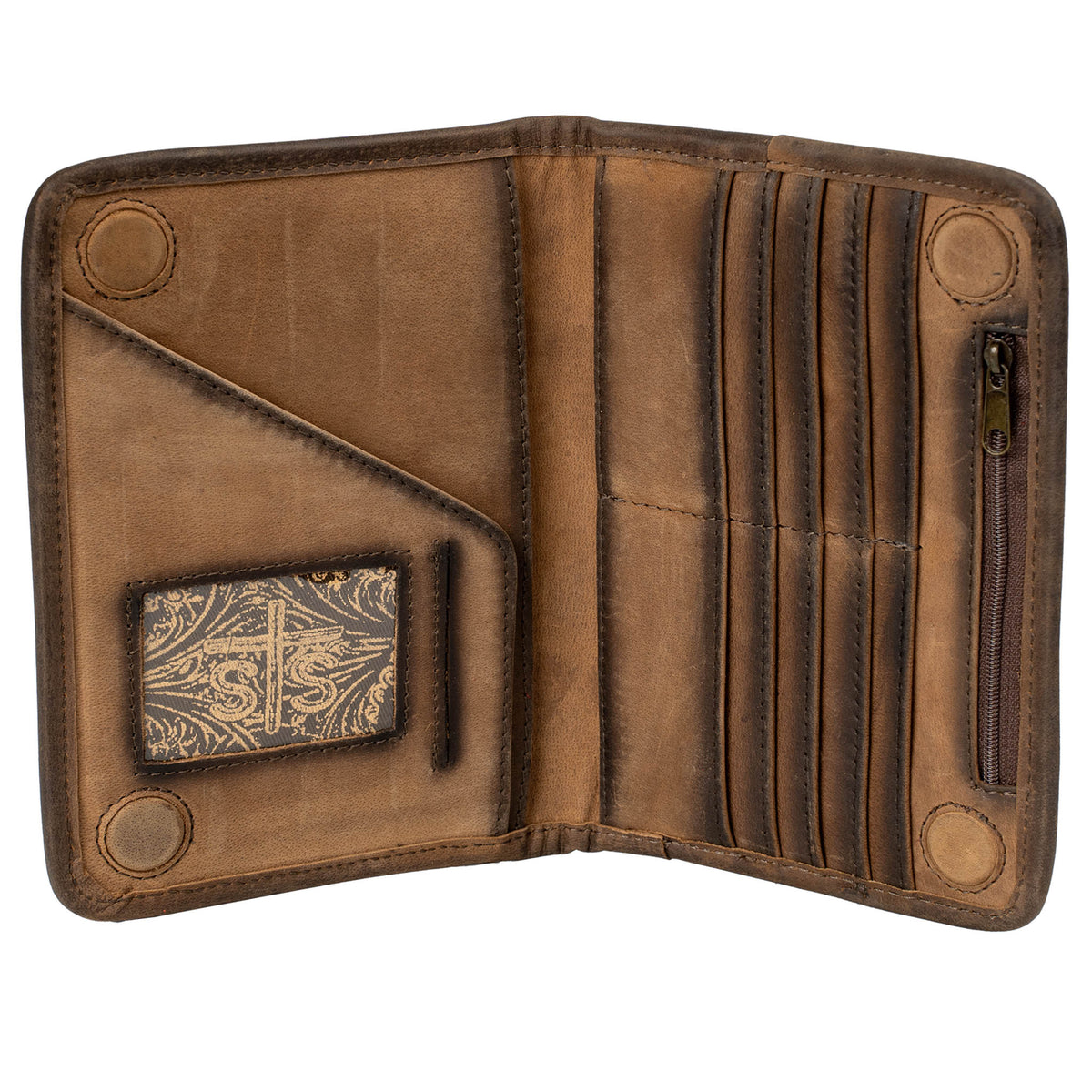 Inside of brown leather wallet with 1 zip closure compartment, 1 ID slot, card slots and cash slips on a white background.