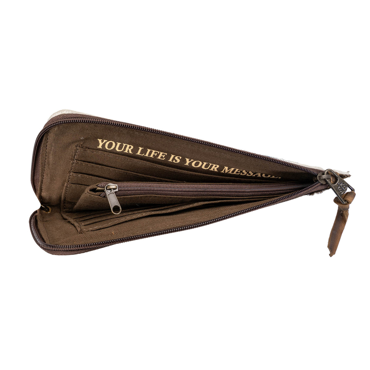 Brown leather wallet with 'Your Life is Your Message' text, card slots and 1 zip closure pocket on a white background.