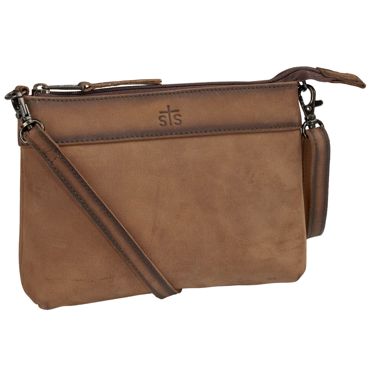Brown genuine leather crossbody purse with zip closure, brown leather crossbody strap and embossed STS Ranchwear logo.
