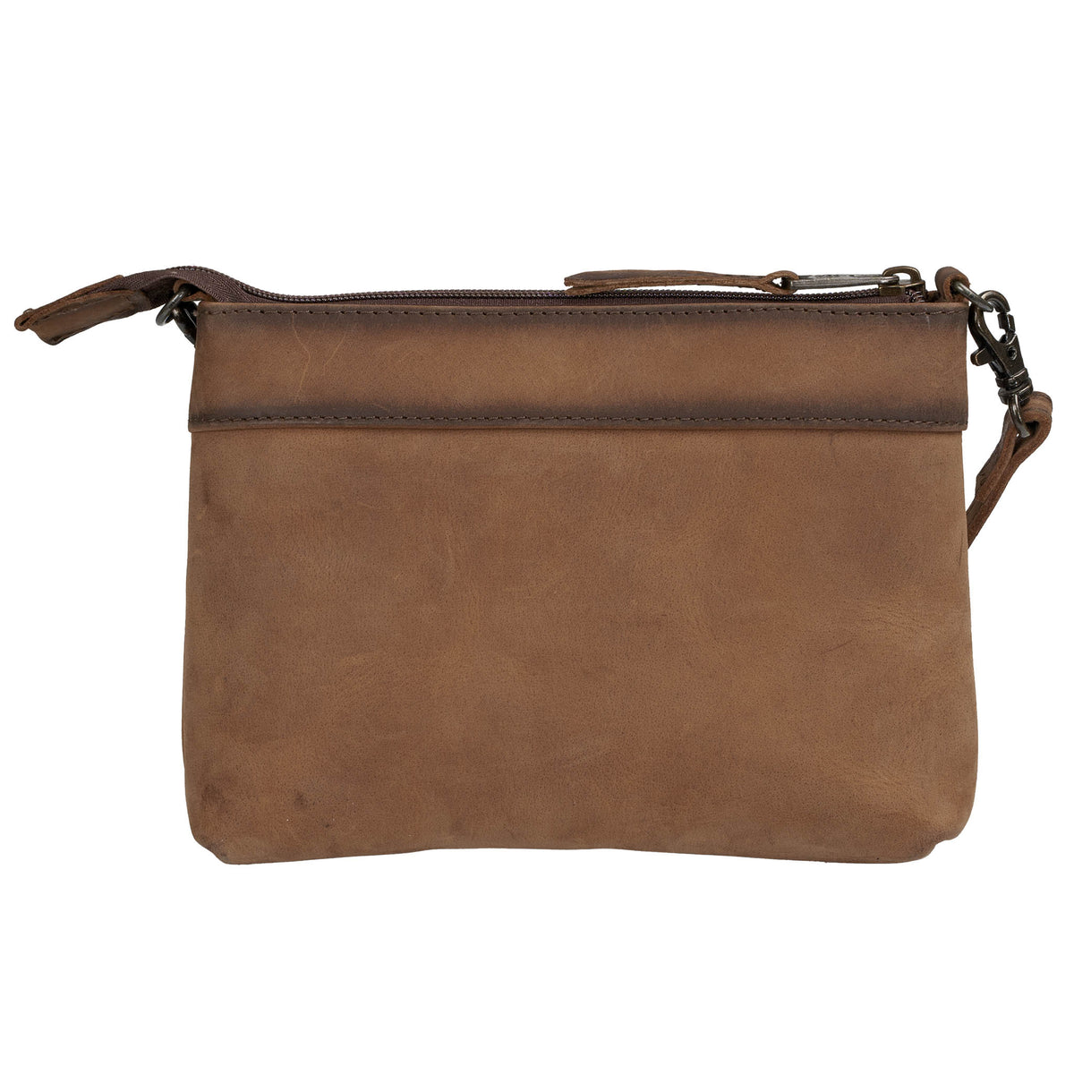 Back view of brown genuine leather crossbody purse with zip closure displayed on a white background.