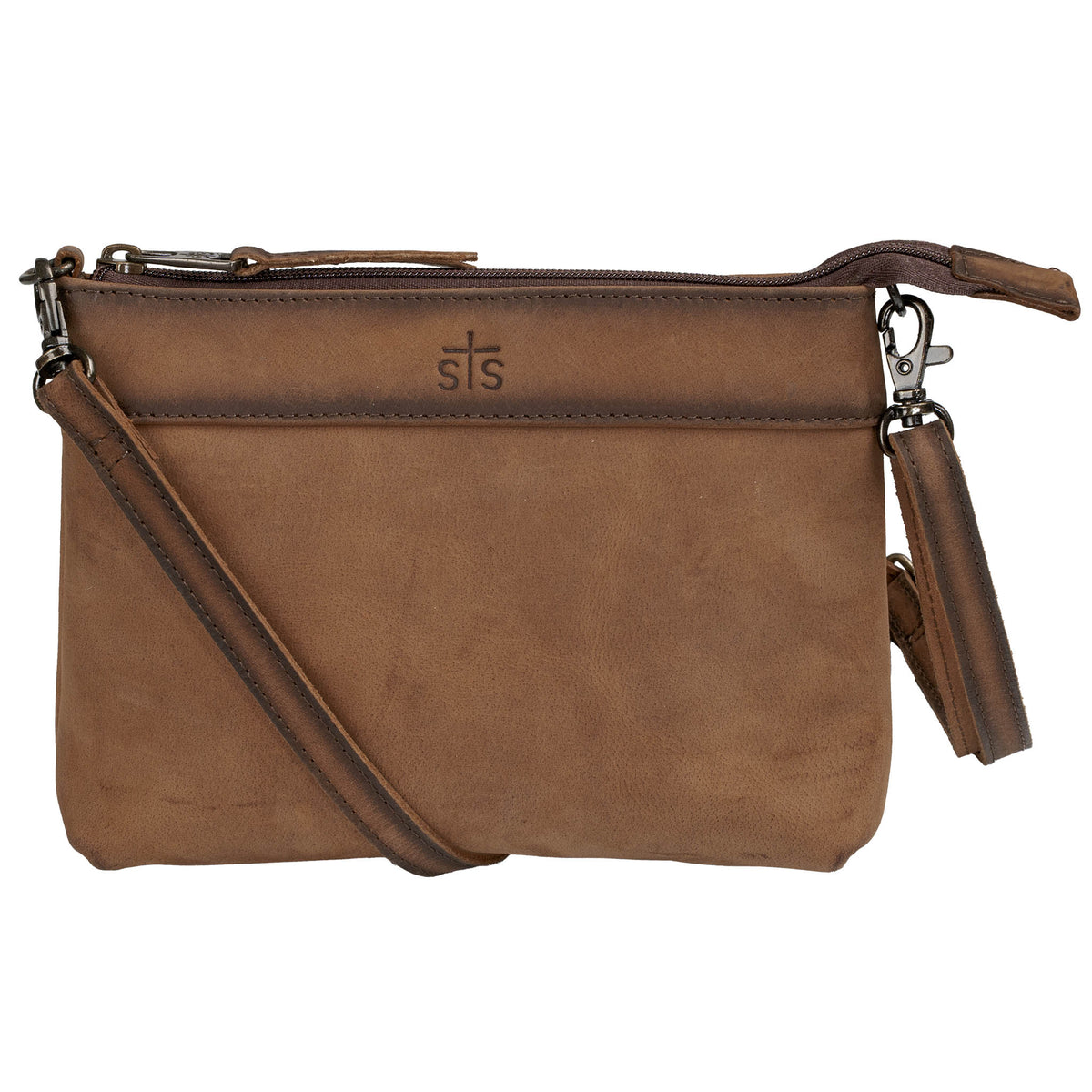 Brown genuine leather crossbody purse with zip closure, brown leather crossbody strap and embossed STS Ranchwear logo.