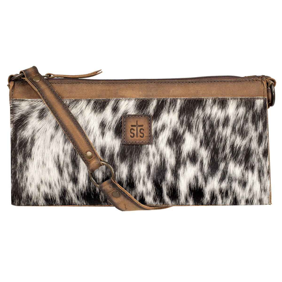 A cowhide and STS leather shoulder bag on a white background.