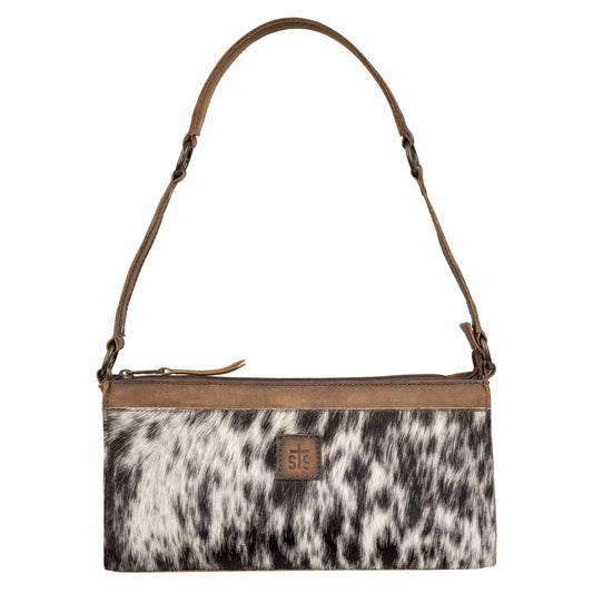 A cowhide and STS leather shoulder bag on a white background.