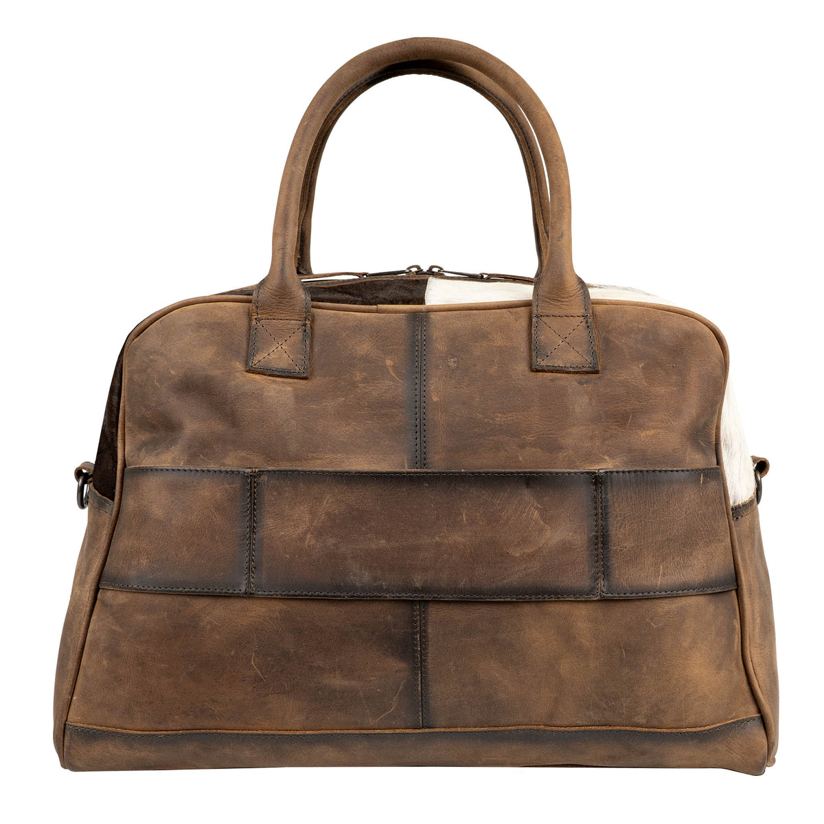 Brown genuine leather bag with trolley sleeve on a white background.