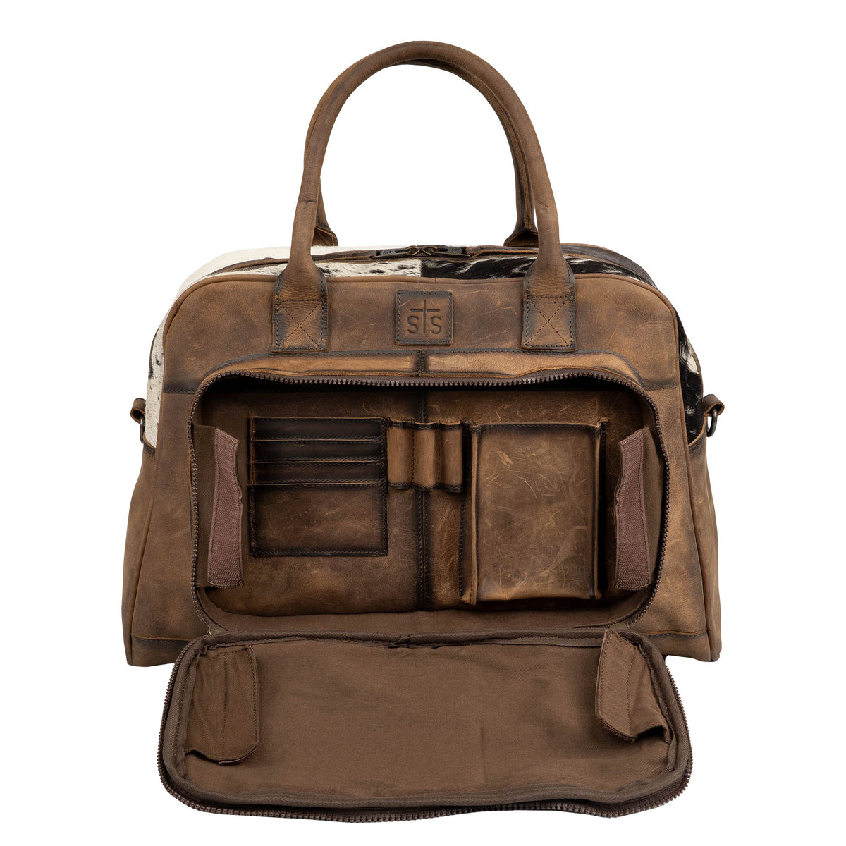 Brown leather bag with multiple compartments on a white background.