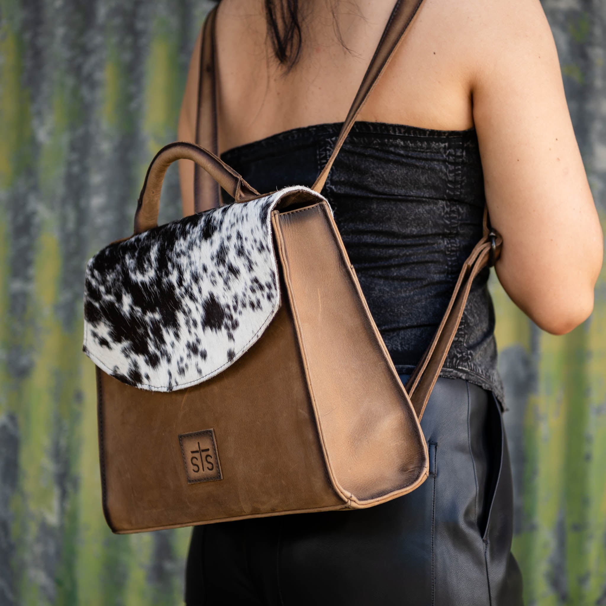 convertible backpack in black & white cowhide leather Cowhide Remi Convertible Backpack