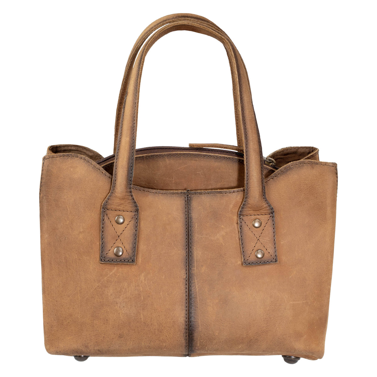 Back of a leather purse with two carry handles and a center zip closure on a white background