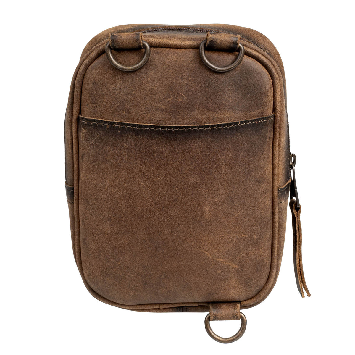 Back of a leather crossbody purse showing the D-ring hardware on a white background.
