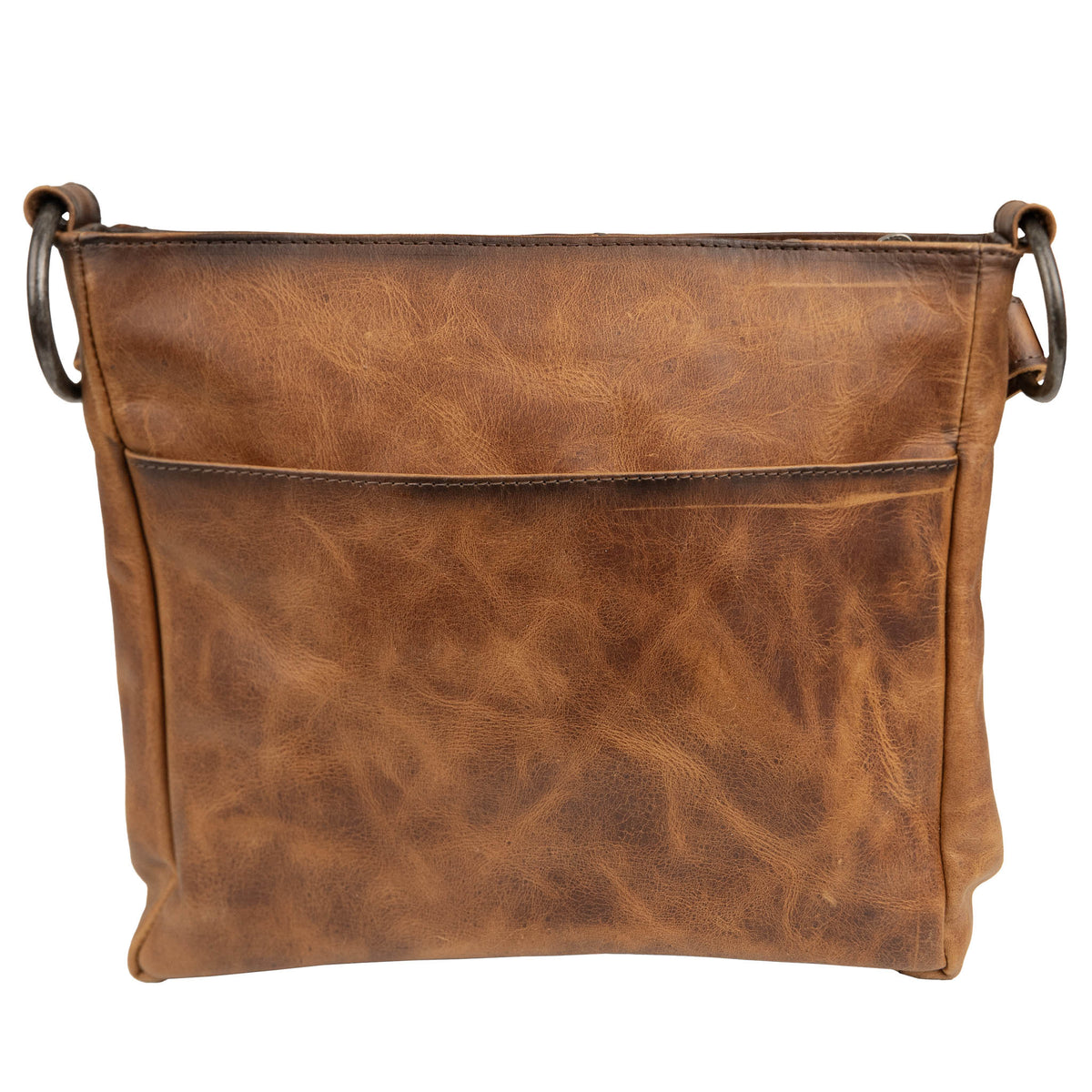 Back of genuine leather crossbody bag with slip pocket.