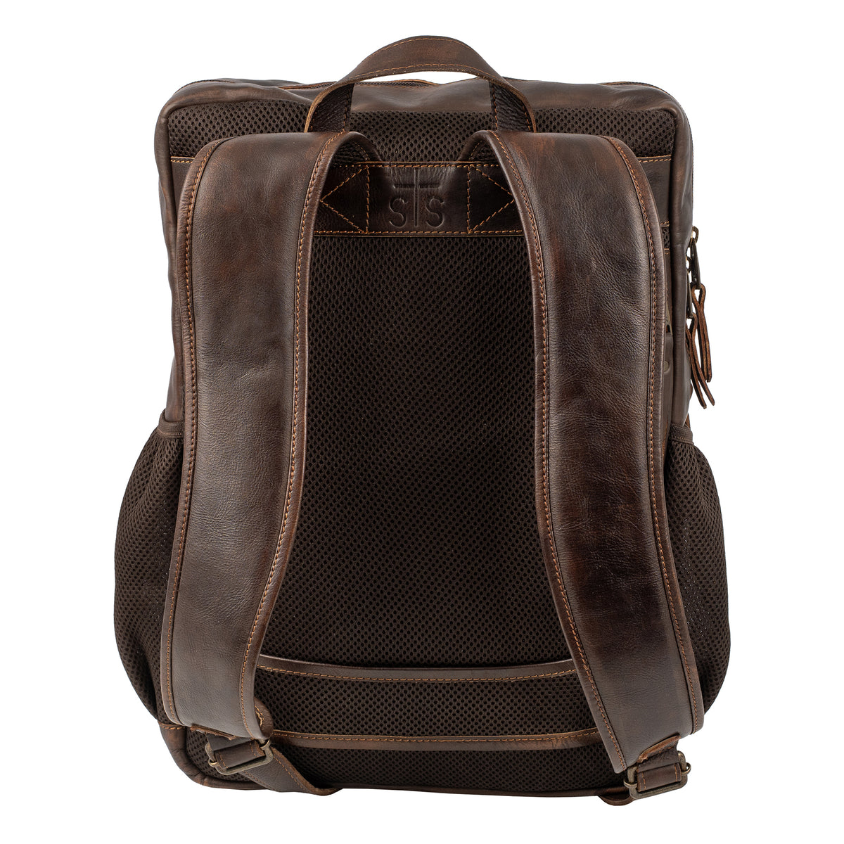 back of our Bandera chocolate leather backpack with buckstitch, three front magnetic closure pockets and top carry handle on white background