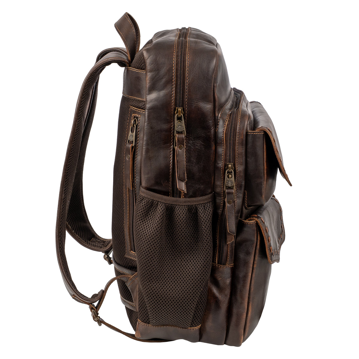 side view of our Bandera chocolate leather backpack with buckstitch, three front magnetic closure pockets and top carry handle on white background
