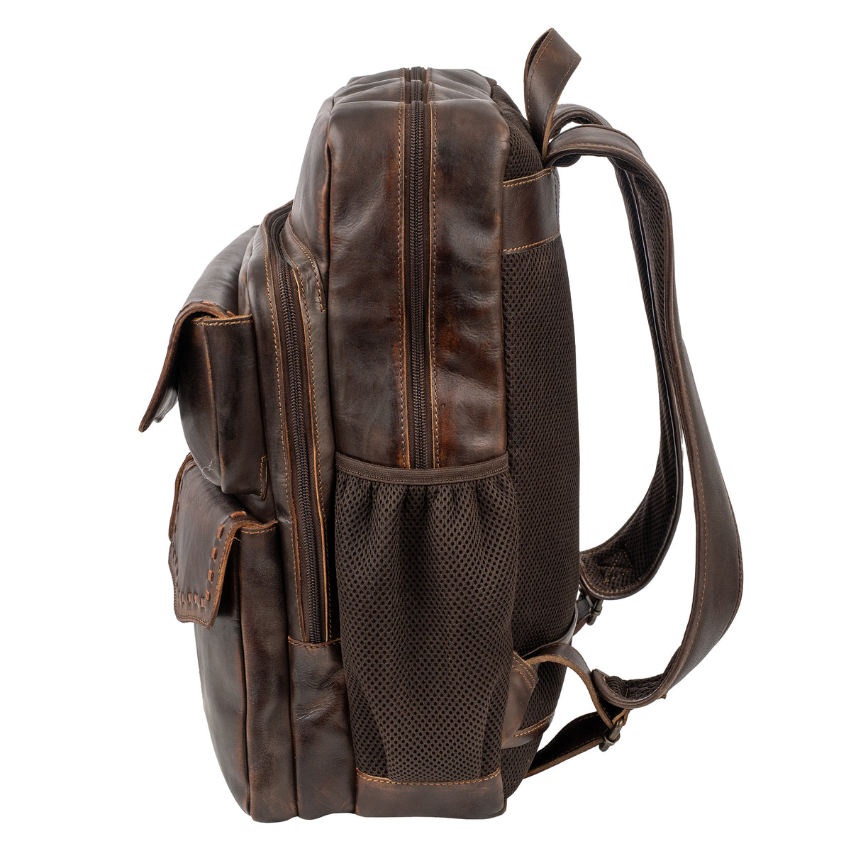 side view of our Bandera chocolate leather backpack with buckstitch, three front magnetic closure pockets and top carry handle on white background