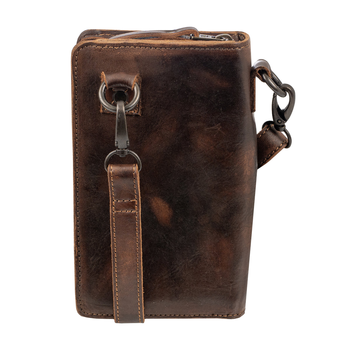 back view of our Bandera chocolate leather phone sling wallet with buckstitch, zip around closure, snap flap for phone, and adjustable crossbody strap on white background