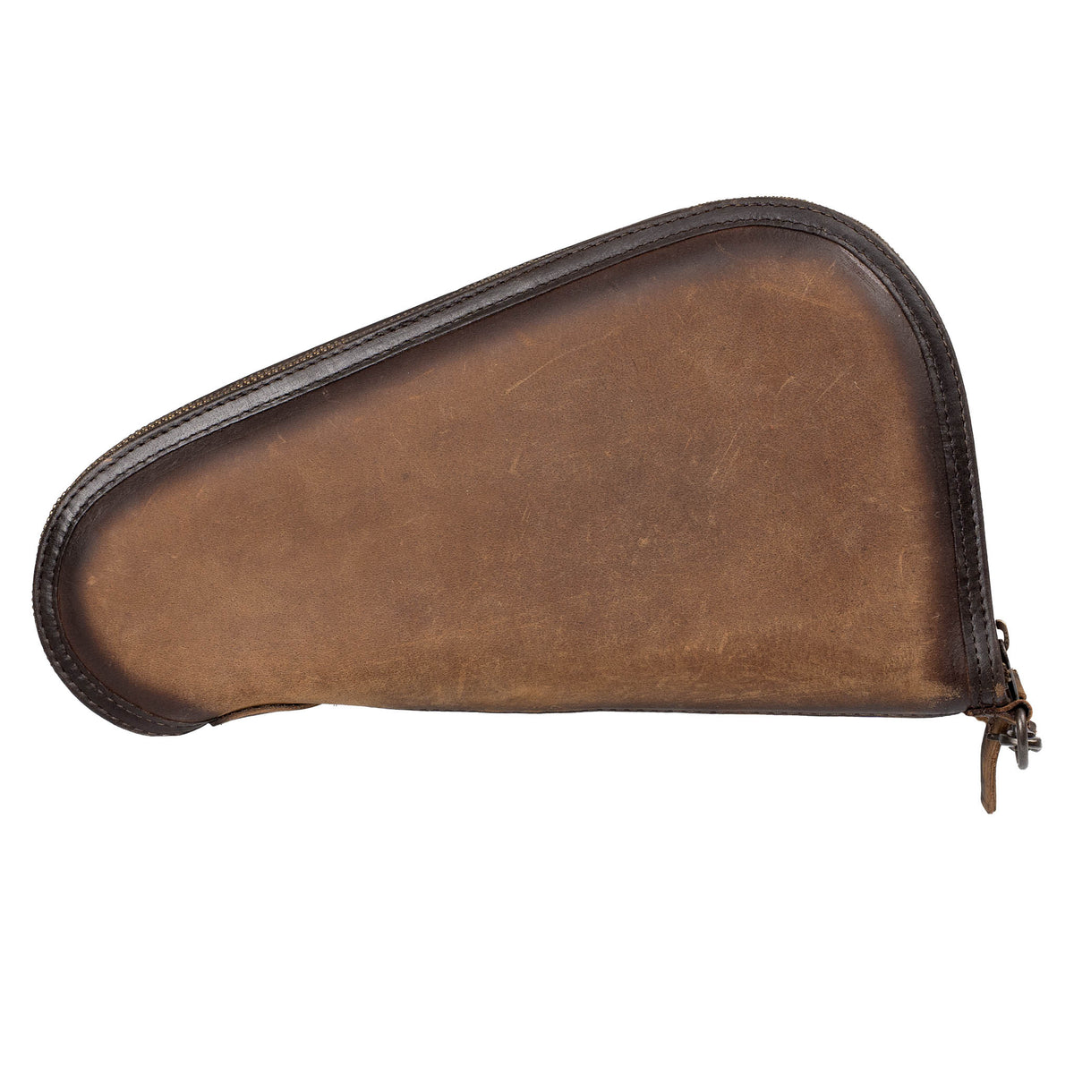 Brown leather pistol case with zip around closure on a white background.