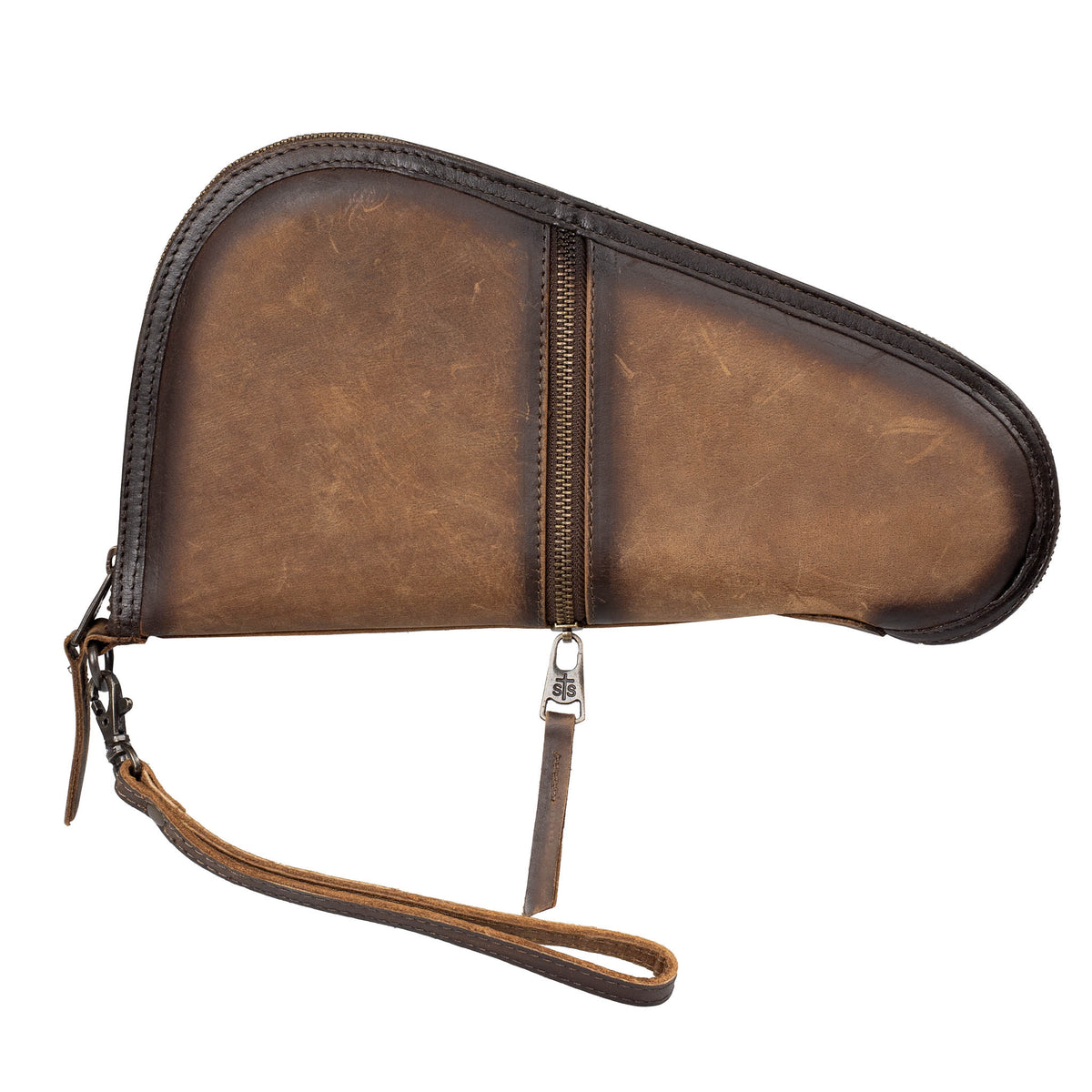 Brown leather pistol case with leather wristlet strap, zip closure pocket, zip around closure on a white background.