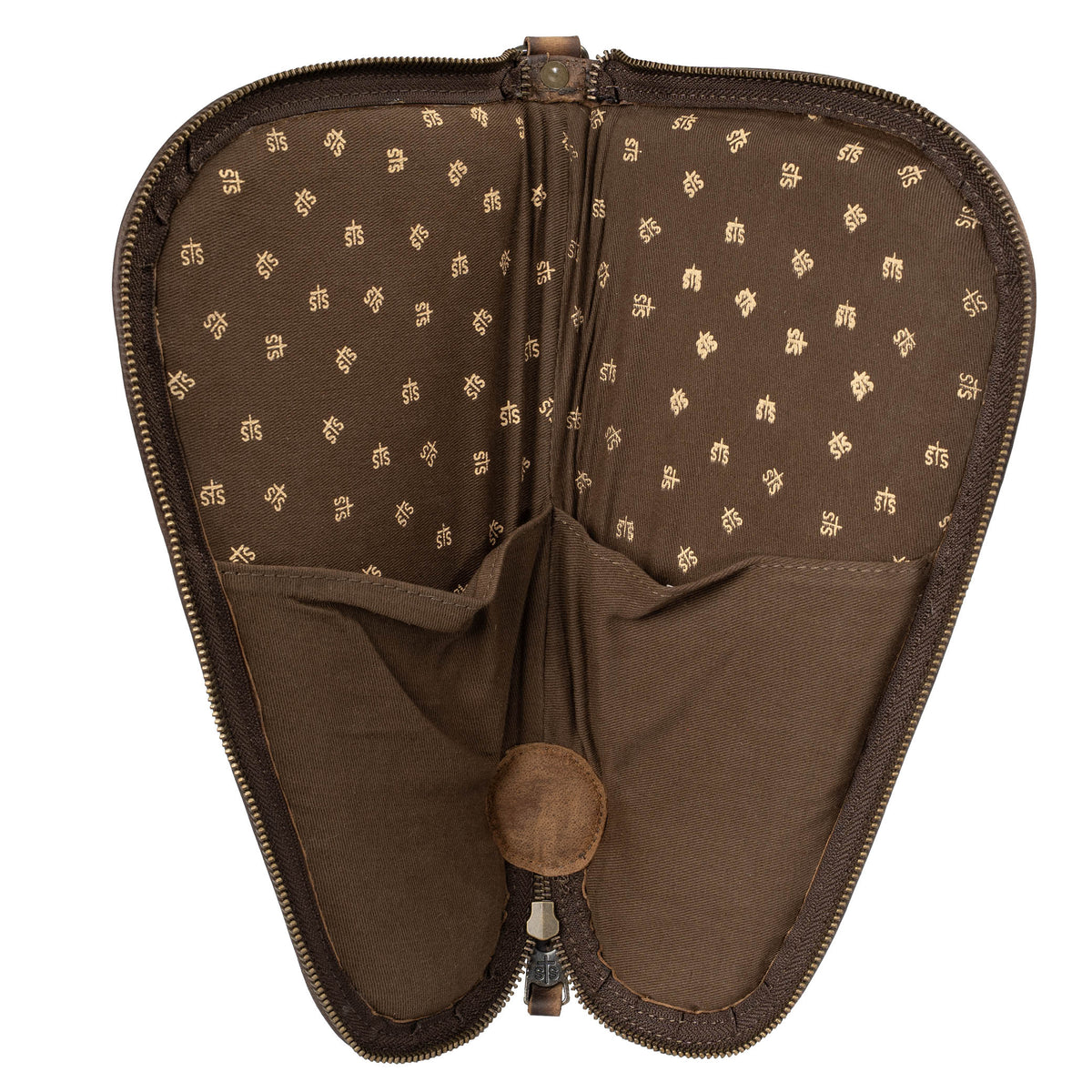 Inside of brown leather pistol case with STS logos printed on brown cotton lining on a white background.