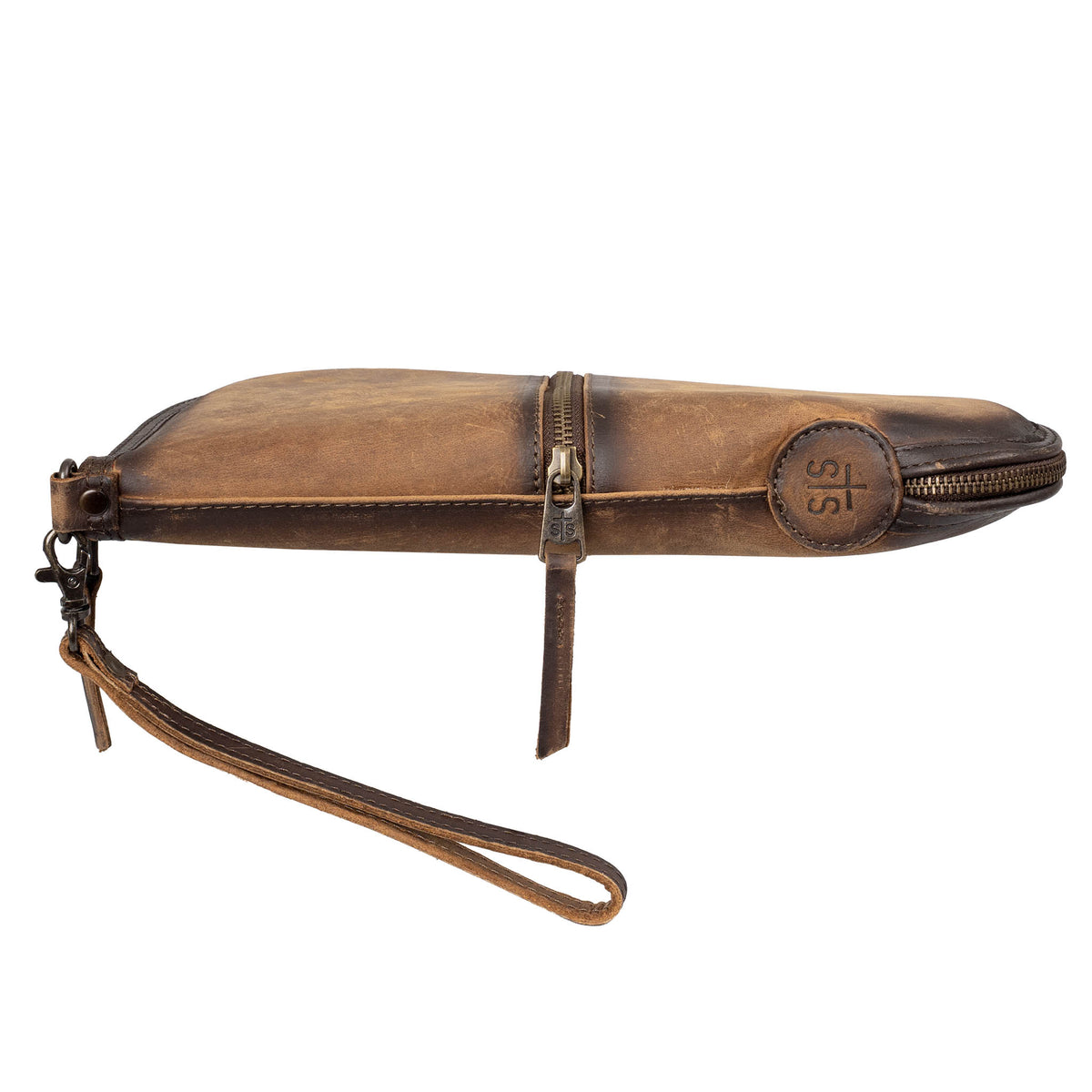 Brown leather pistol case with leather wristlet strap, zip closure pocket, zip around closure on a white background.