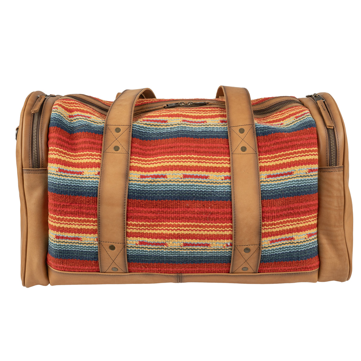 Back view of a duffle bag with a vibrant geometric pattern in red, blue, and tan colors, featuring handwoven 100% cotton shell with genuine leather accents.