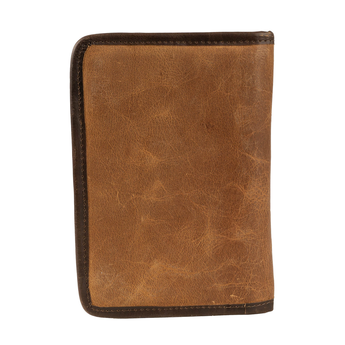 Back of a cowhide magnetic bifold wallet with brown leather.