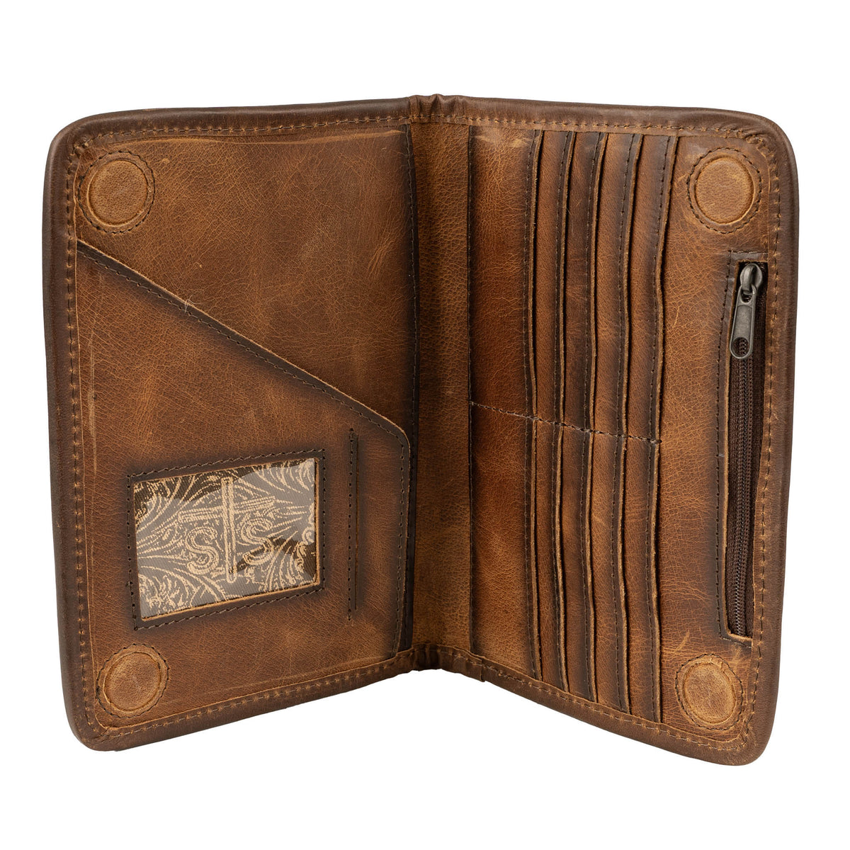 Inside of cowhide magnetic wallet with genuine leather interior featuring ID slot, zip pocket and card slots.