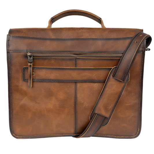 Back of a brown full grain leather briefcase with a waxed and oiled finish, featuring a trolley sleeve, zip pocket, an adjustable and removable nylon crossbody strap, and leather carrying handles.