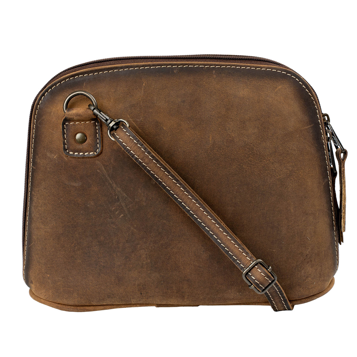 White cowhide hair on hide leather pouch with brown genuine leather strap and zip around closure on a white background.