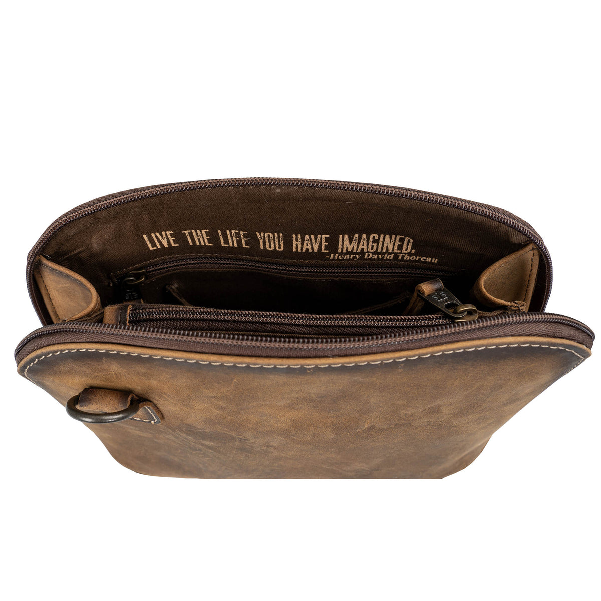 Brown leather pouch with 'Live the Life You Have Imagined' quote on a white background.