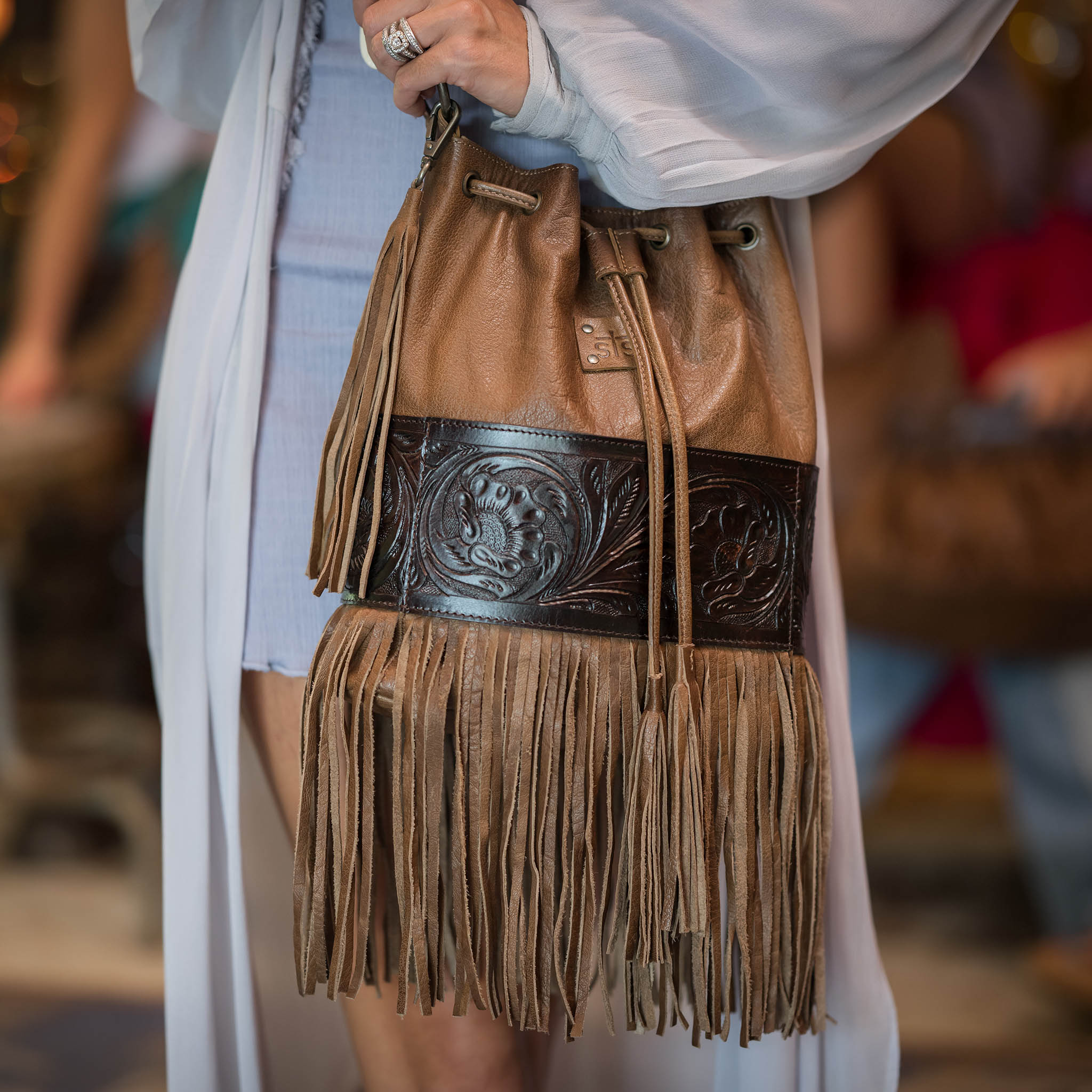 bucket style leather backpack STS Ranchwear Boho Cowgirl Brown Leather Bucket Bag