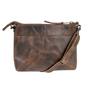 Brown leather crossbody bag on a white background